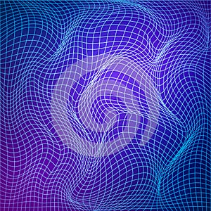 Abstract deformation of grid. Template of grid distort. Wavy mesh structure. Vector illustration isolated on blue background