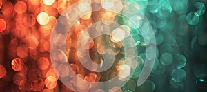Abstract delicate blur bokeh background in peachy coral, mint teal, and shimmering bronze colors