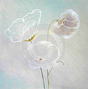 Abstract delicate white flowers on a gray background with oil paints on canvas