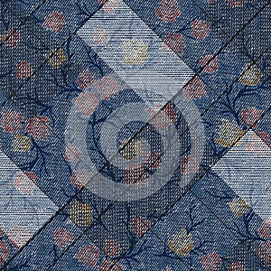 Abstract denim flower with  textures seamless pattern background