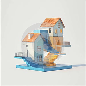 Abstract depiction balances currency and housing, rendered in 3D