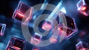 Glowing Neon Cubes Falling in Dark Background