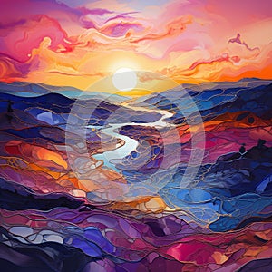 An abstract depiction of a sunset, with warm colors and soft lines that evoke feelings of warmth a