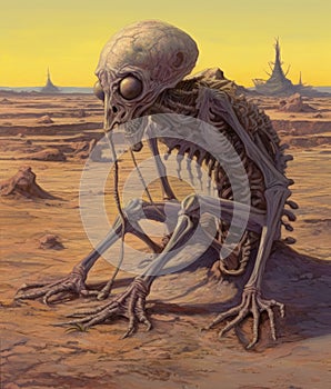 Abstract desert alien planet with an ET creature. Concept art of a deserted world with a monster inhabitant.