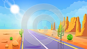 Abstract Desert Background Summer With Road, Sun, Sand, Cactus Vector Nature Landscape photo