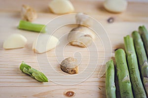 Abstract design background vegetables on a wooden background.