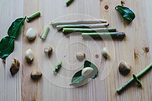 Abstract design background vegetables on a wooden background.