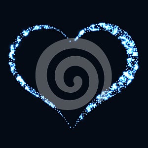 Abstract design - blue glitter particles in heart shape. Glowing sparkling particles on dark background