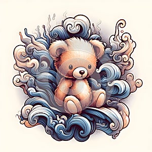 Abstract design of cute bear in waves and smokes, fantasy ar, animal, cartoon