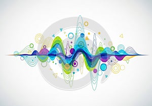 Abstract design featuring colorful, overlapping waveforms in