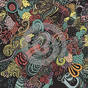 Abstract design featuring a complex array of swirling patterns and shapes in a variety