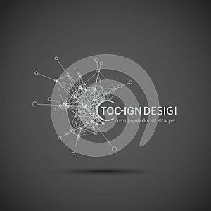 Abstract design featuring a complex, interconnected network of lines and nodes,