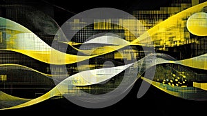Abstract design featuring dynamic yellow waves and geometric patterns on a dark background