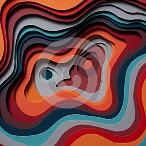 Abstract design featuring multiple layers of colorful paper cutouts, creating an