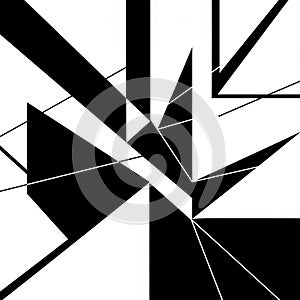 Abstract design featuring sharp, intersecting black and white geometric shapes.