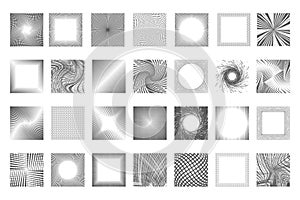 Abstract design geometrical grid line dots cut twirl halftone frames background set vector illustration