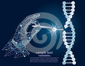 Abstract design. Manipulation of DNA double helix with with bare hands, tweezers. isolated from low poly wireframe on