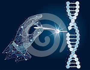 Abstract design. Manipulation of DNA double helix with with bare hands, tweezers. isolated from low poly wireframe on