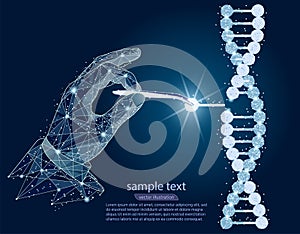 Abstract design. Manipulation of DNA double helix with with bare hands, tweezers. isolated from low poly wireframe on photo