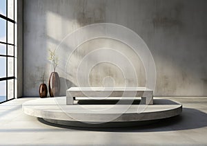 Abstract design of modern podium with empty concret. round concrete podium floor. Pedestal for display,Platform for design,Blank