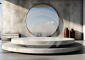 Abstract design of modern podium with empty concret. round concrete podium floor. Pedestal for display,Platform for design,Blank