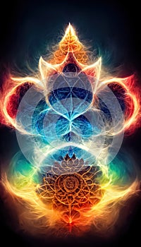 Abstract design of multicolored chakra powerful energy. Chakra mandala flower. 3D illustration