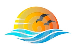 Abstract design of ocean icon or logo with sun, sea waves, sunset and seagulls silhoutte in simple flat style. Concept