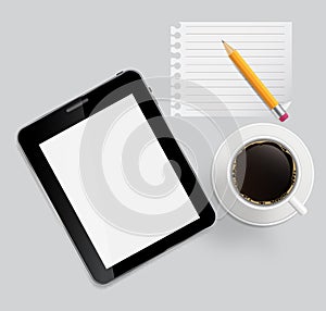 Abstract design tablet, coffee, pencil, blank page