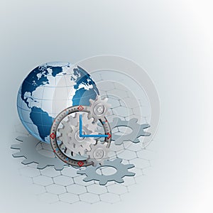 Abstract, design for technology background with Earth globe and gear/clock