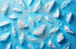 Abstract design with white ice shards scattered on vibrant blue background. Creative pattern of broken ice pieces. Modern, photo