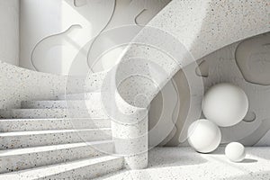 Abstract design with white spheres and curvilinear terrazzo stairs