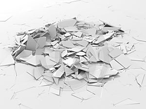 Abstract destruction white surface. Chaotic broken fragments background