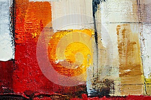 Abstract detail of acrylic paints on canvas. Relief artistic background in gold, red, black and silver color