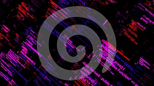 Abstract details of computer language, lines flowing on black background, seamless loop. Animation. Programming code