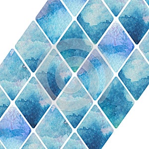 Abstract diagonal bluew watercolor rhombus pattern photo