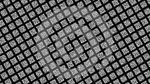 Abstract diagonal rows of square shaped black and white QR codes moving slowly on black background. Animation. Concept