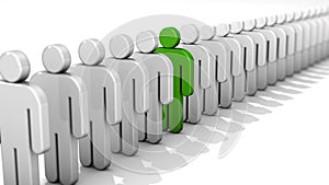 Abstract difference and individuality, uniqueness and leadership business concept, single green 3D people figure in row of white f