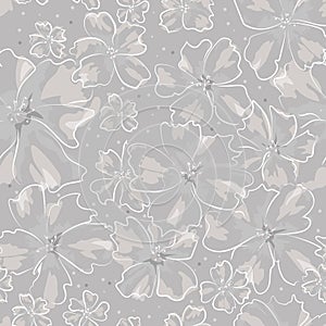 Abstract different size flowers in white outline on gray background.