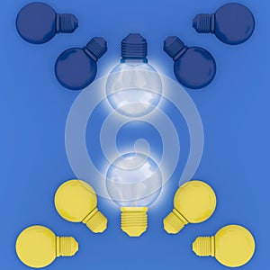 Abstract different yellow pastel Light bulbs glowing and blue Light bulbs glowing on dark blue background,minimal concept. top v