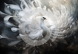 Abstract difuse white peacock in monochromatic style with smoke around. AI generative