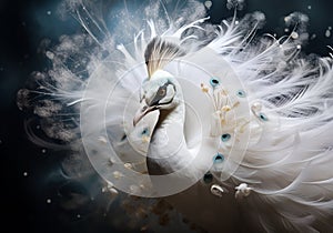 Abstract difuse white peacock in monochromatic style with smoke around. AI generative photo