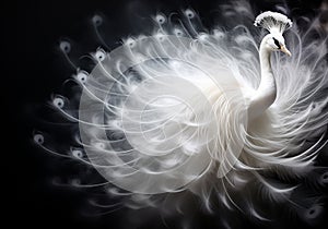 Abstract difuse white peacock in monochromatic style with smoke around. AI generative