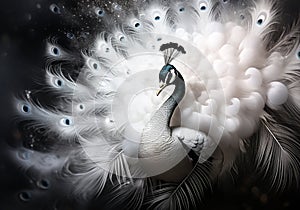 Abstract difuse white peacock in monochromatic style with smoke around. AI generative