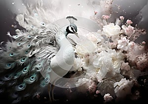 Abstract difuse white peacock in monochromatic style with smoke around. AI generative photo