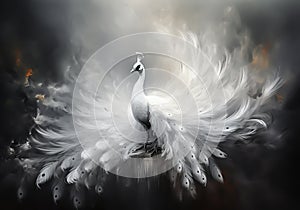 Abstract difuse white peacock in monochromatic style with smoke around. AI generative photo