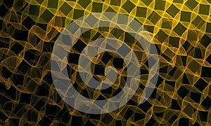 Abstract digital 3d pattern or texture of wavy square net, veil or membrane in yellow hues on black.