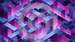 Futuristic isometric cityscape with glowing purple and blue colors