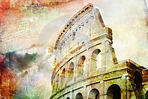 Abstract digital art of Colosseum, Rome. Old paper. Postcard, high resolution, printable on canvas