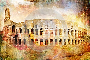 Abstract digital art of Colosseum, Rome. Old paper. Postcard, high resolution, printable on canvas