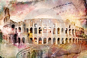Abstract digital art of Colosseum, Rome. Old paper. Postcard, high resolution, printable on canvas